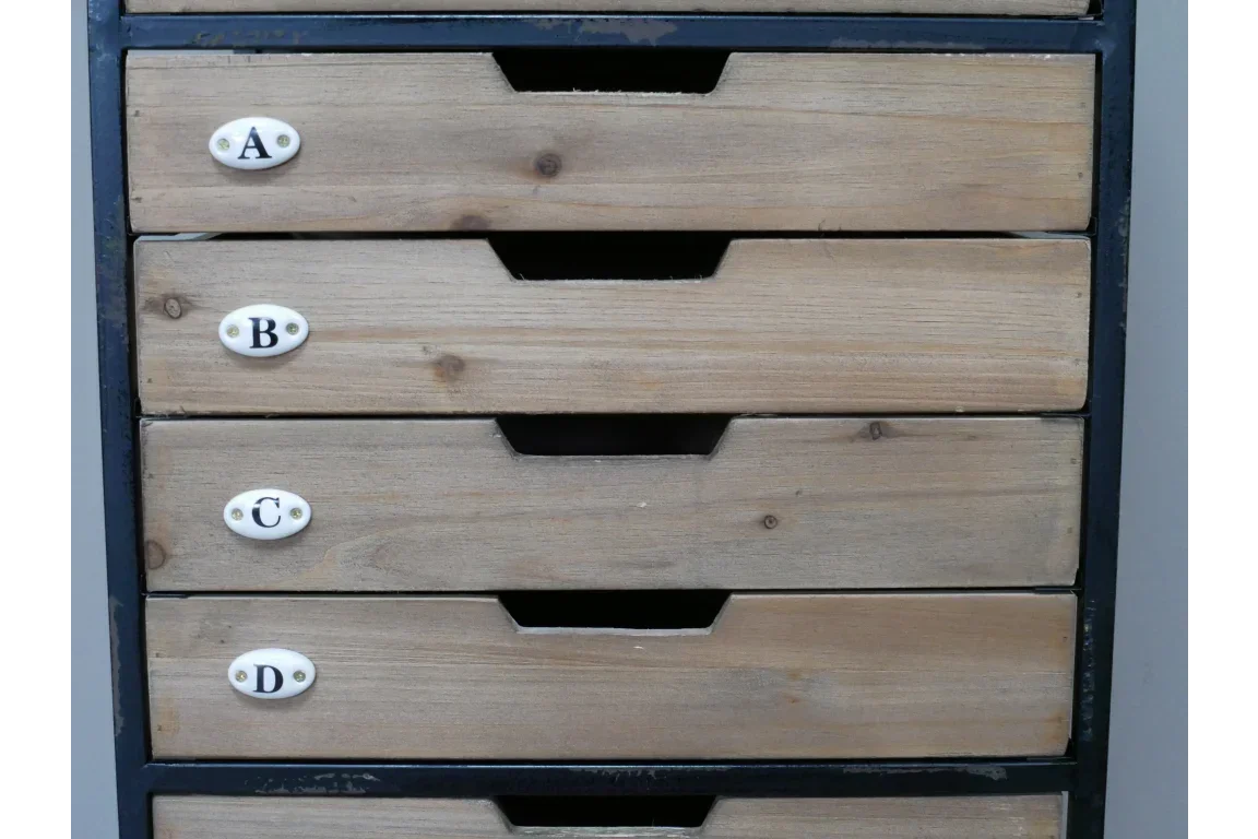 Wooden storage drawers with black frame and labeled ceramic handles A, B, C, D