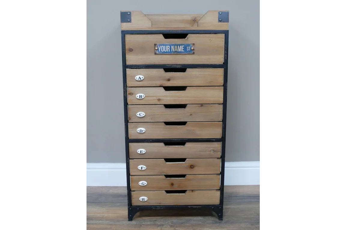 Tall industrial chest of drawers with wood fronts, black metal frame, and numbered handles