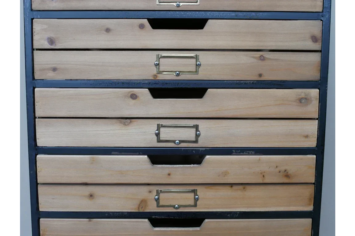 Industrial wood chest of drawers with metal frame and brass label holders