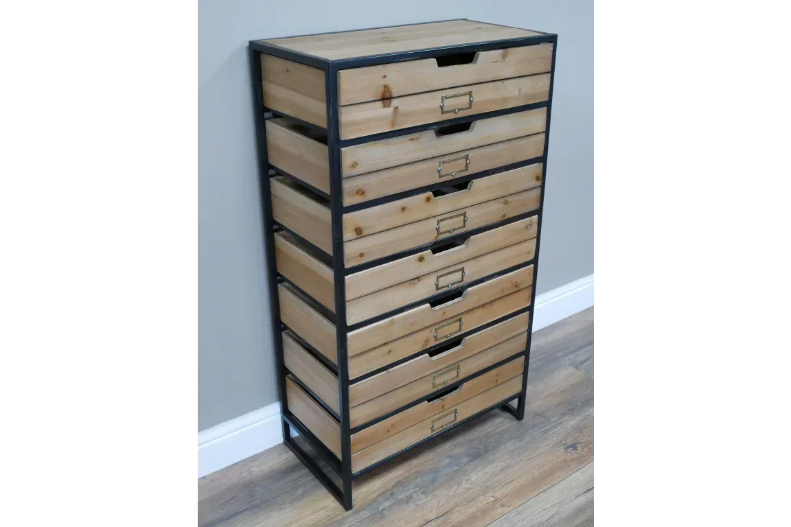 Industrial pine chest of drawers with black frame and eight pull-out storage drawers