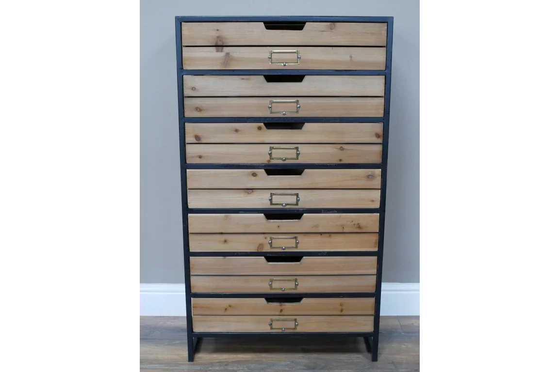 Industrial wood and metal chest of drawers with eight drawers and black frame
