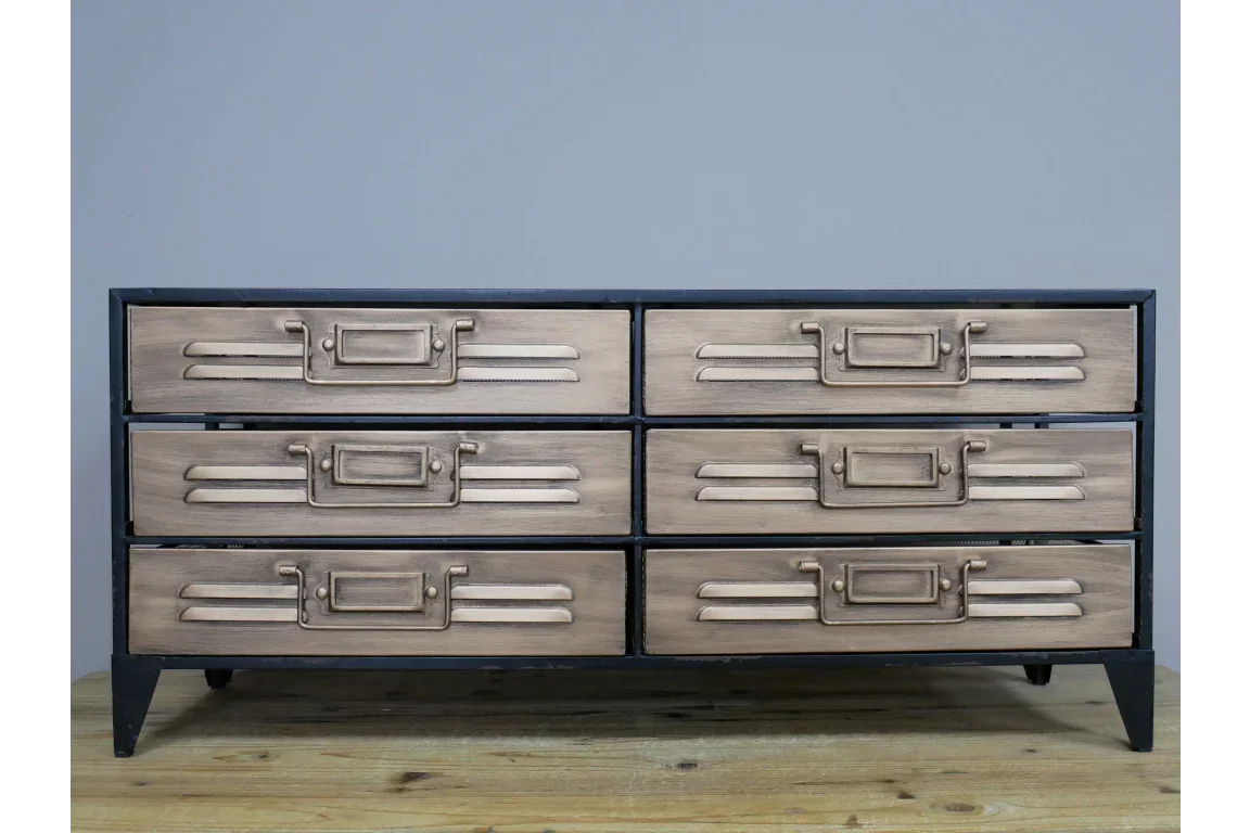 Industrial style chest of drawers with six metallic front drawers and black frame