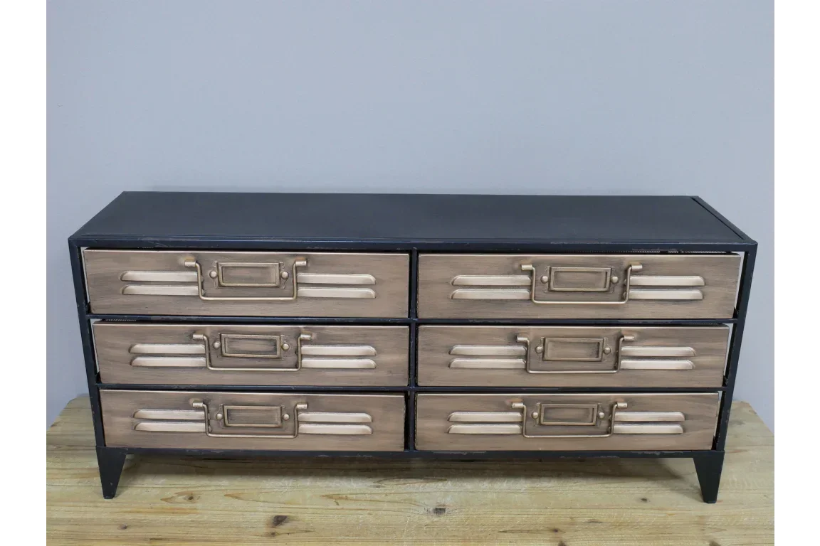 Industrial style sideboard with six wooden drawers and metal handles on tapered legs