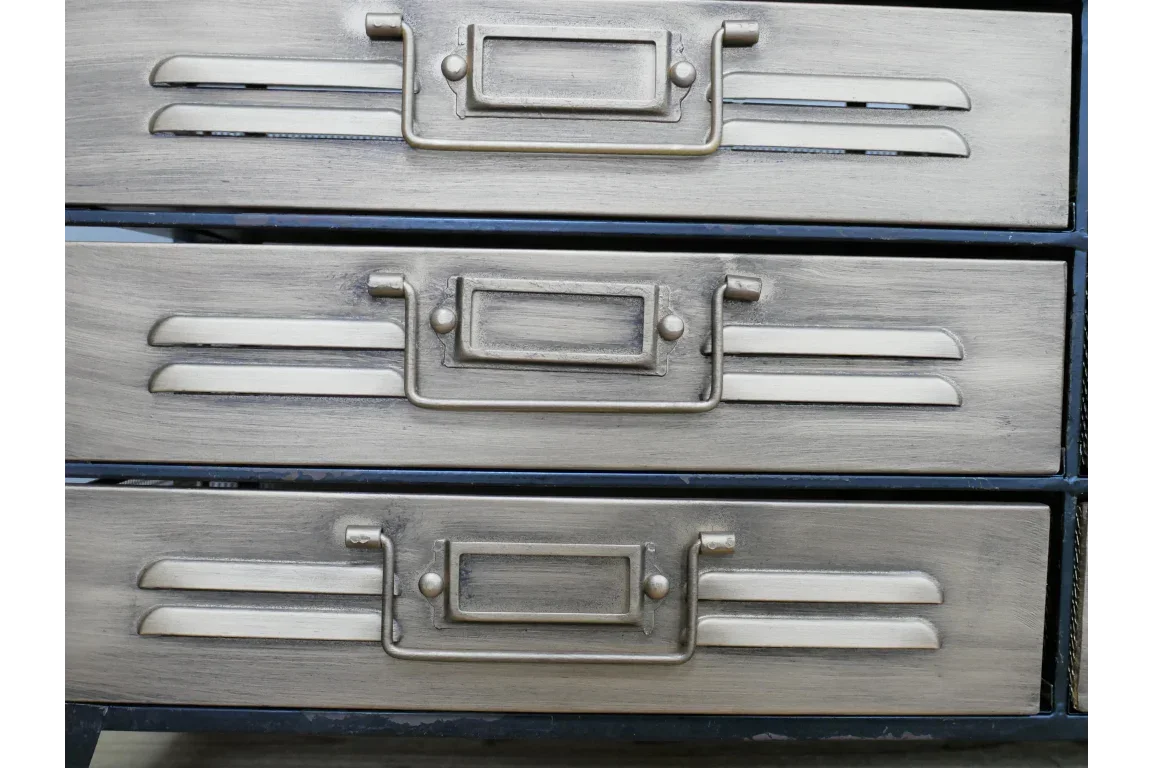 Industrial metal chest of drawers with three brushed silver drawer fronts and label handles