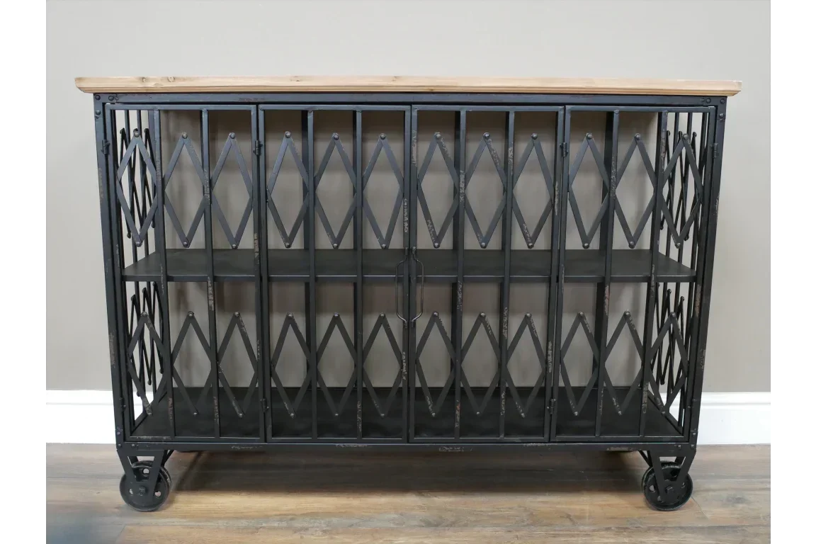 Industrial sideboard with metal mesh doors and wooden top on castor wheels