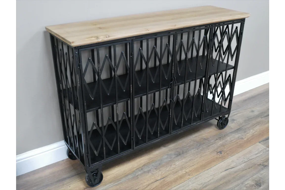 Industrial sideboard with black metal frame, wooden top, shelves, and casters on wood floor