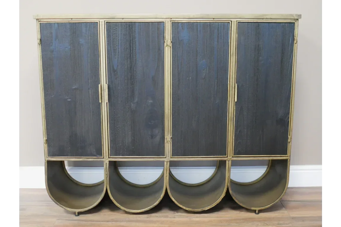Modern sideboard with gold metal frame, dark wood doors, and curved open storage at base
