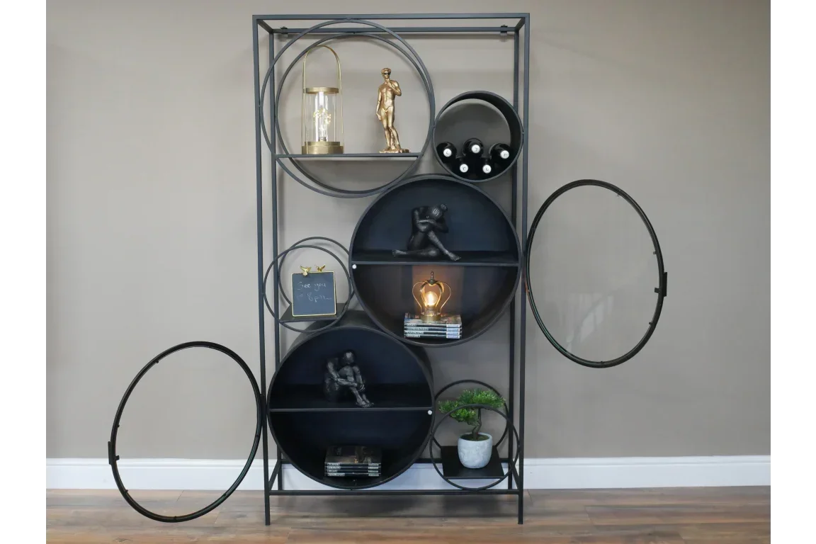 Black metal circular shelving unit with decorative accents and wine bottle storage