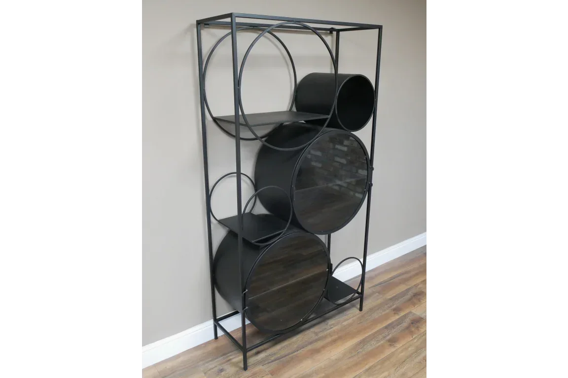 Black metal display shelving unit with circular shelves and open geometric frame