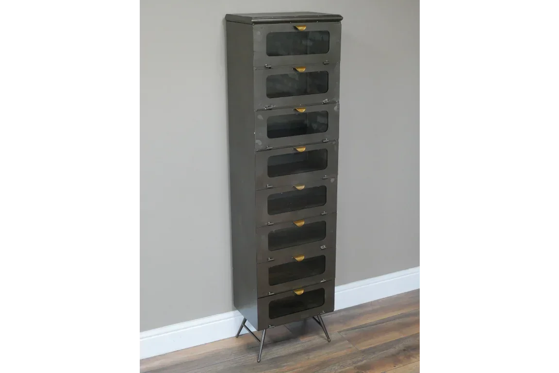 Tall metal storage cabinet with glass doors and yellow handles on wooden floor
