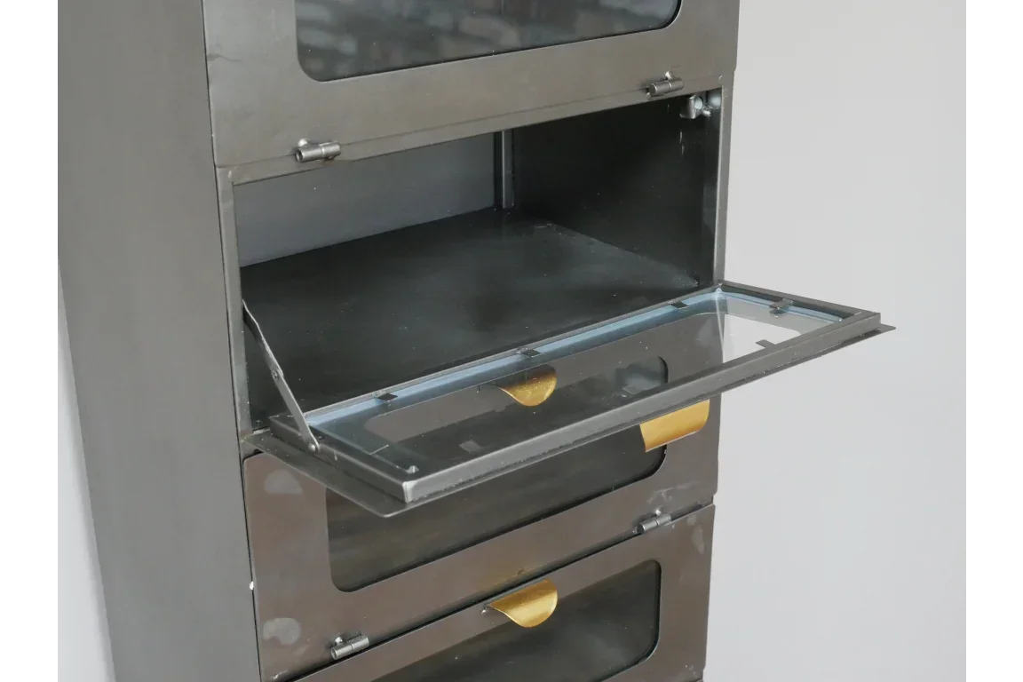 Metal storage cabinet with open glass-fronted compartment and yellow handle