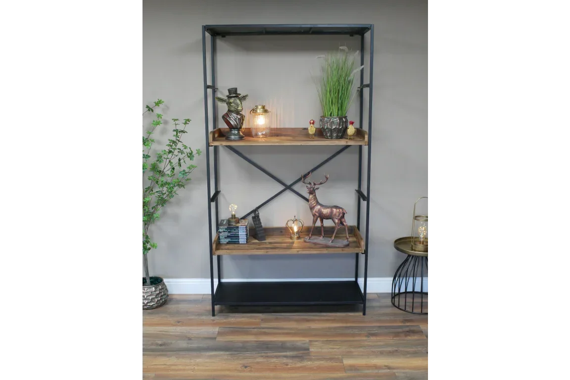 Industrial style shelving unit with wooden shelves and black metal frame, home decor accents
