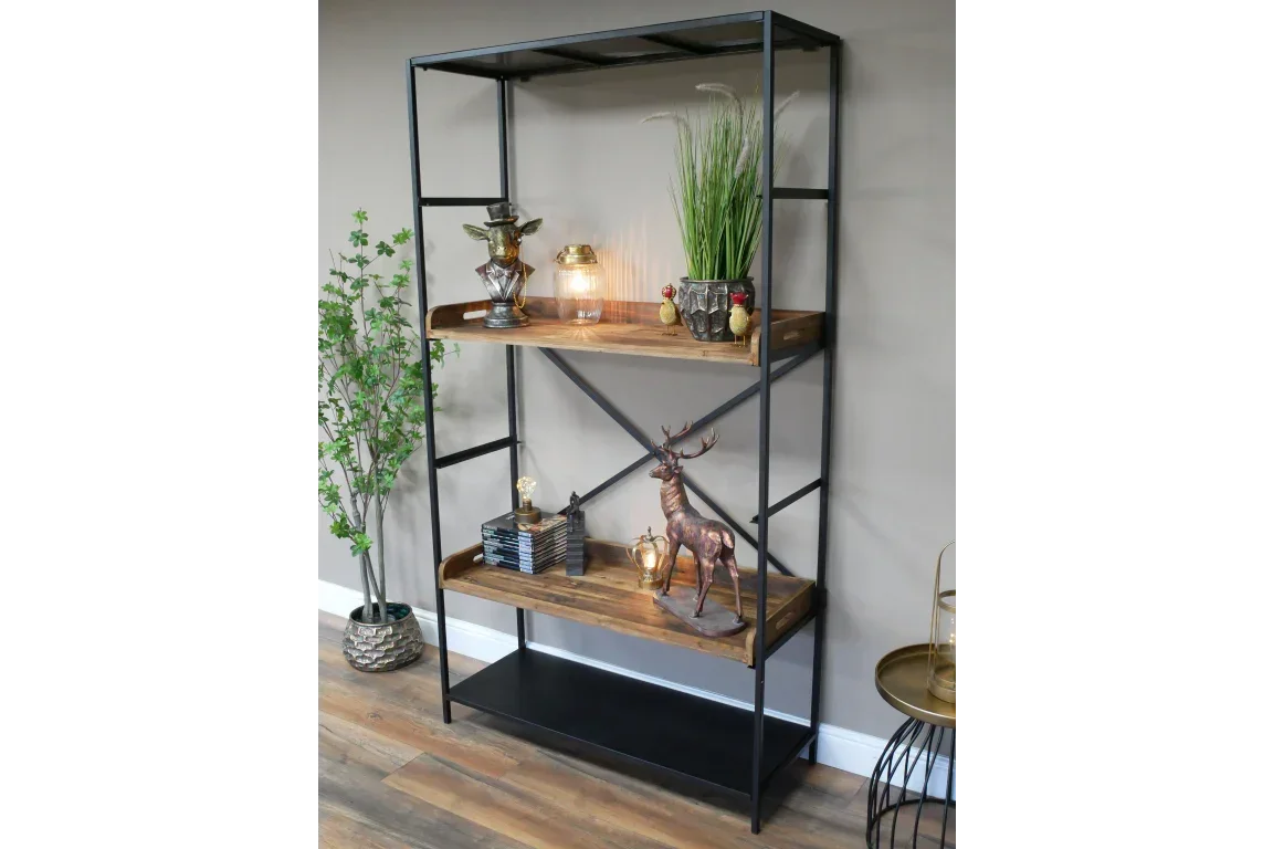 Industrial bookcase with metal frame and wooden shelves decorated with ornaments