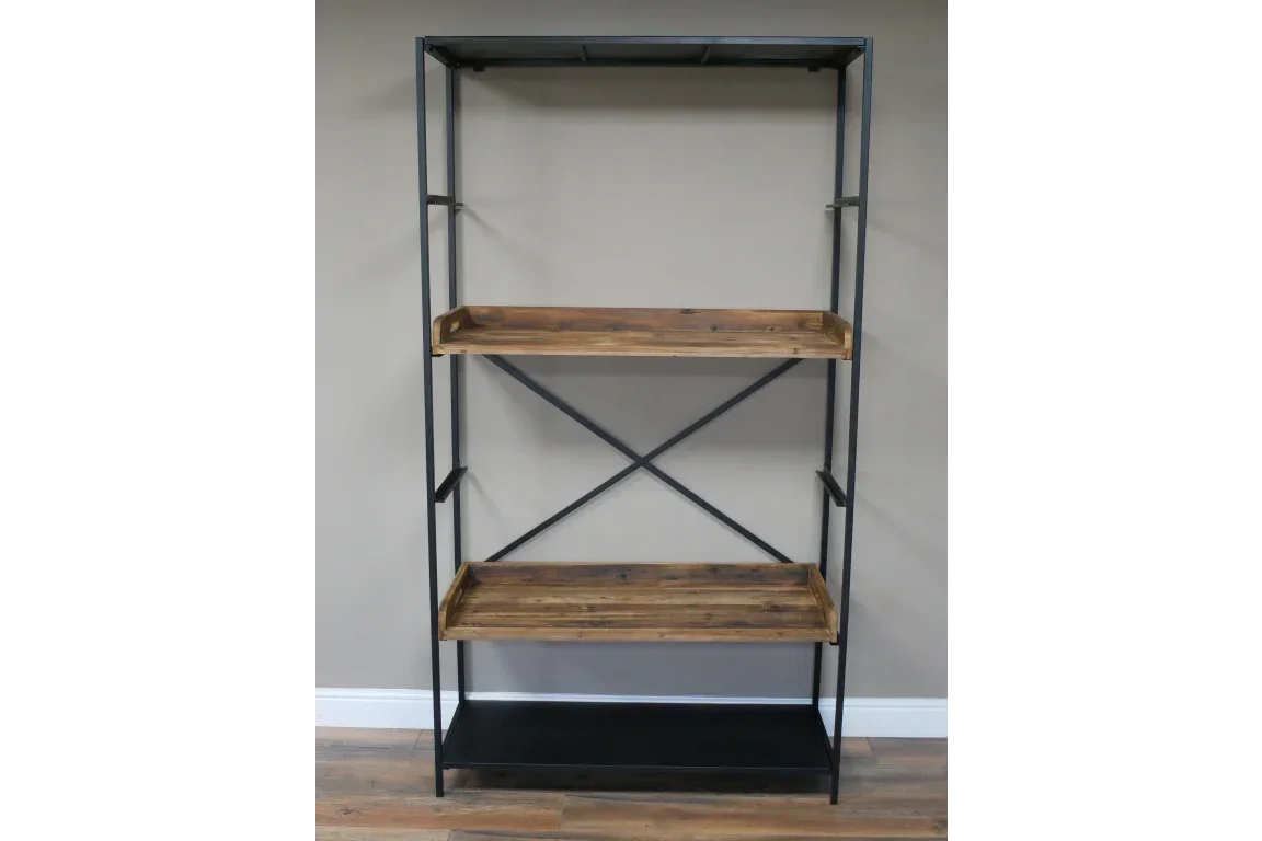 Industrial style shelving unit with black metal frame and three wooden shelves