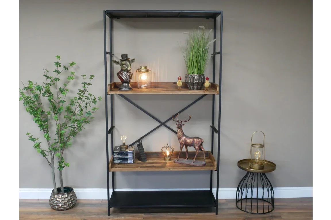Industrial style shelving unit with wooden shelves, metal frame, and decorative ornaments