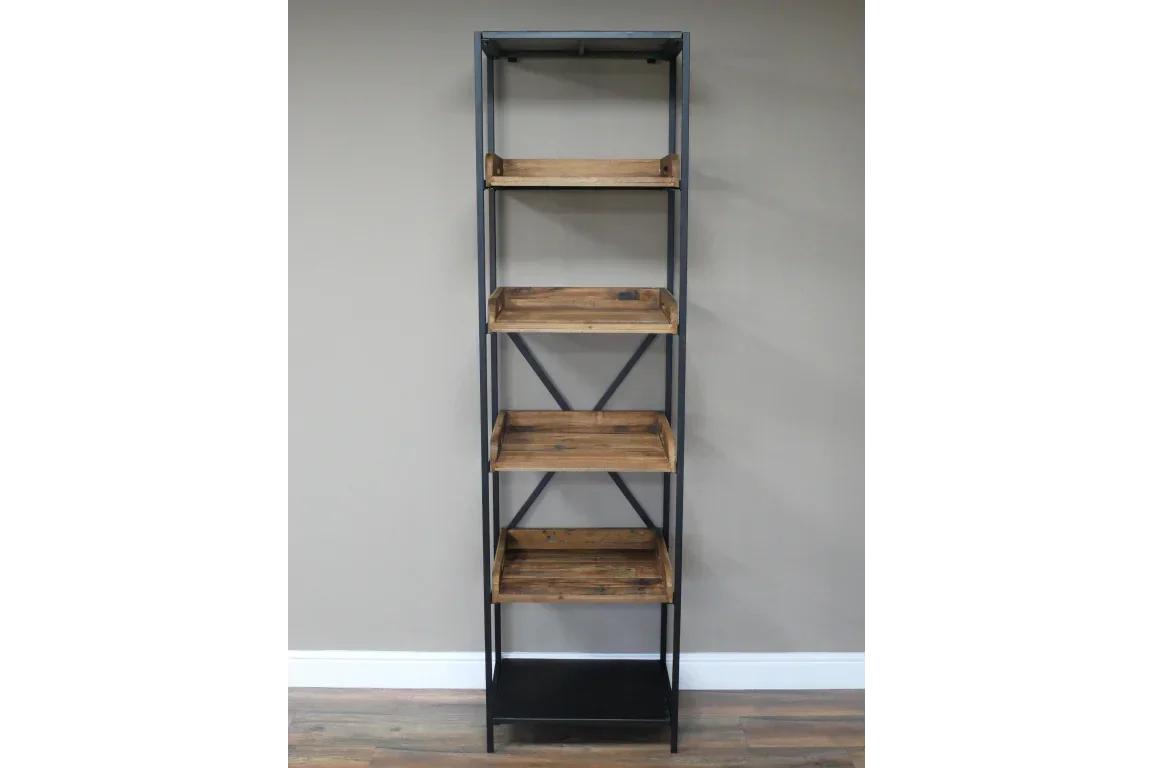 Tall industrial shelving unit with wood shelves and black metal frame against wall