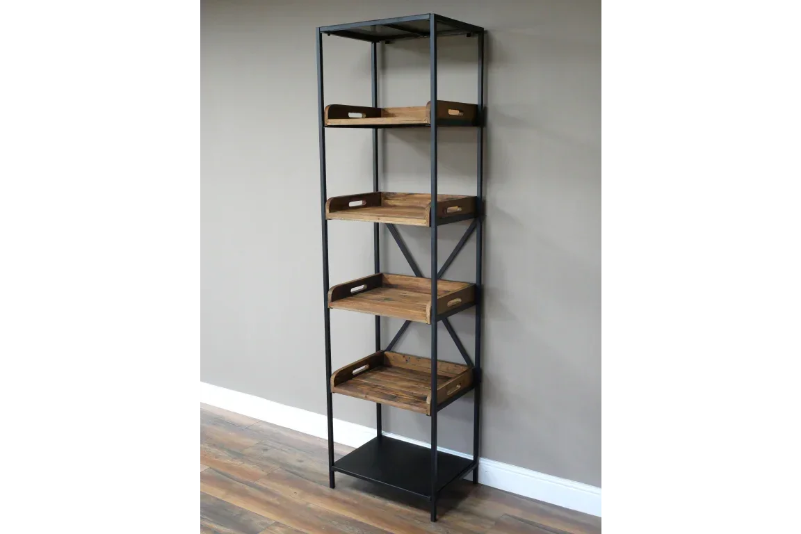Tall shelving unit with black metal frame and four wooden tray shelves