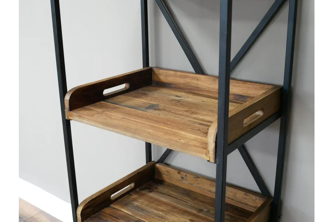 Industrial shelving unit with wooden tray shelves and black metal frame against wall