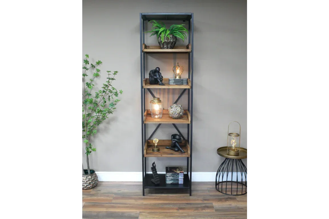 Tall industrial bookcase with wooden shelves, black frame, decor and plants on display