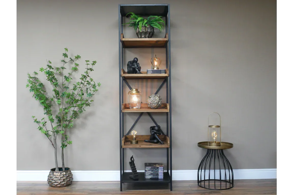 Tall industrial bookcase with wood shelves, metal frame, decorative items and plants