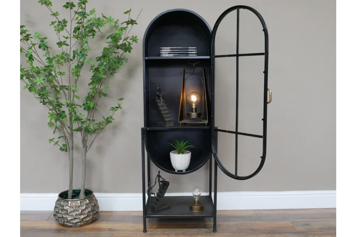 Black metal display cabinet with glass door, shelves, decorative lamp, and potted plant