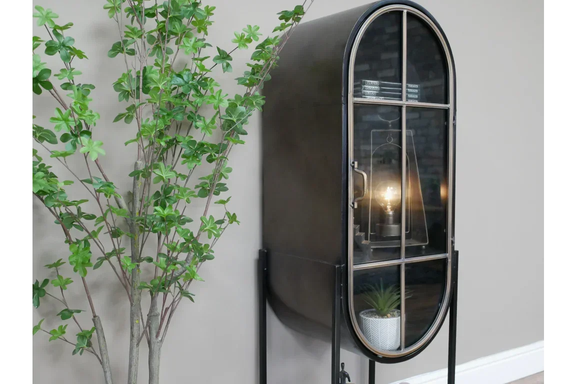 Black metal display cabinet with curved glass door beside artificial green plant