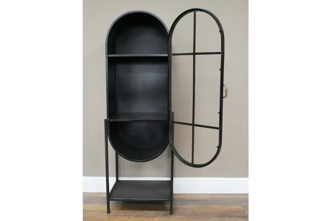 Black metal storage cabinet with arched door and shelves, open to show interior compartments