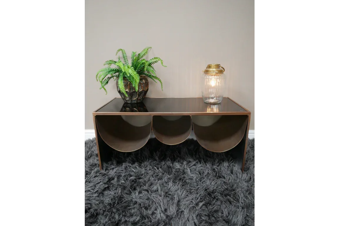 Modern glass coffee table with bronze metal frame, plant and lantern on fluffy grey rug