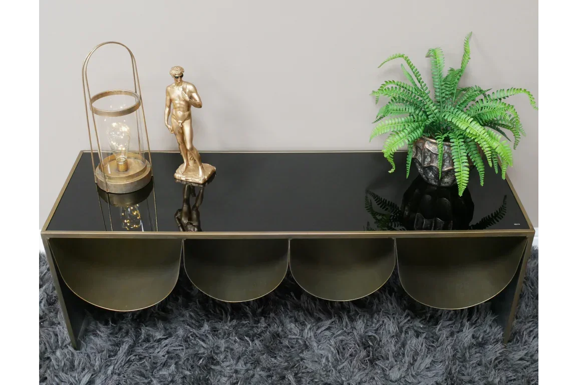 Black glass coffee table with gold frame, decorative lamp, figurine, and potted fern