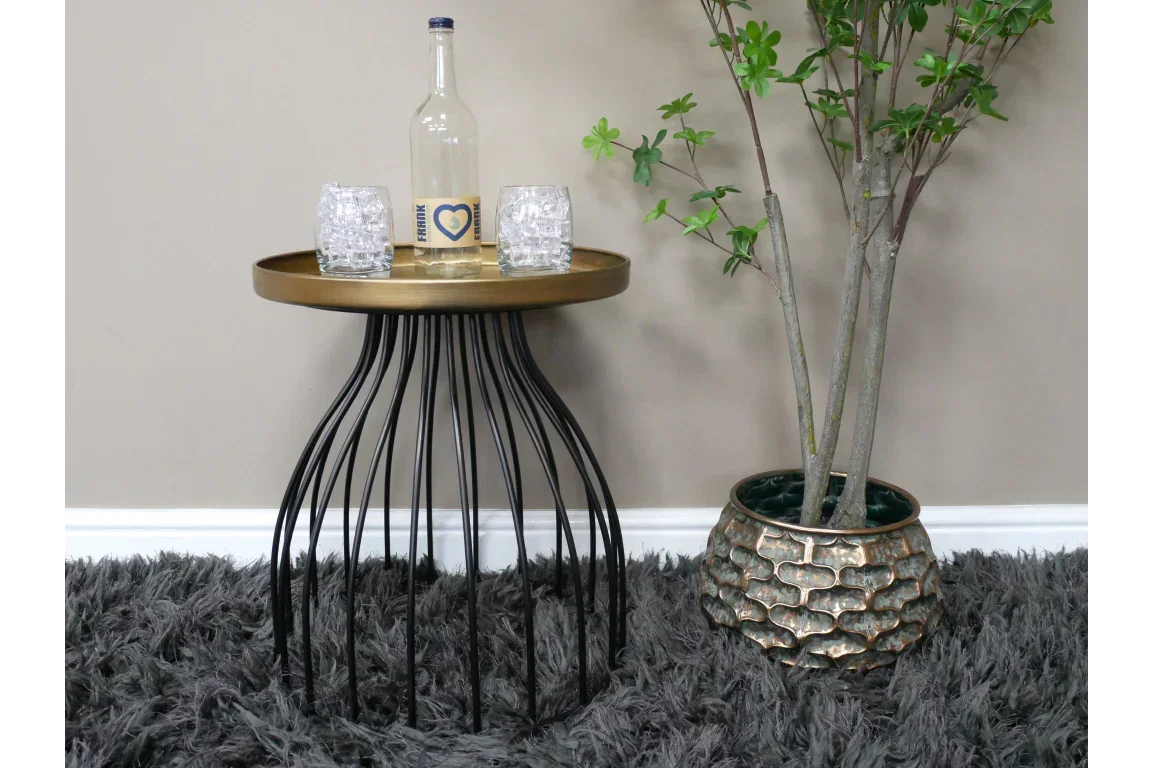 Round metal side table with gold top and black wire legs beside plant on grey rug