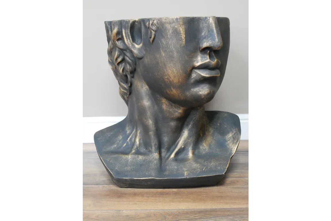 Bronze effect decorative bust planter with distressed finish on wooden floor