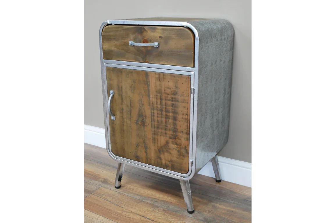 Industrial style metal and wood bedside cabinet with drawer and door on angled legs