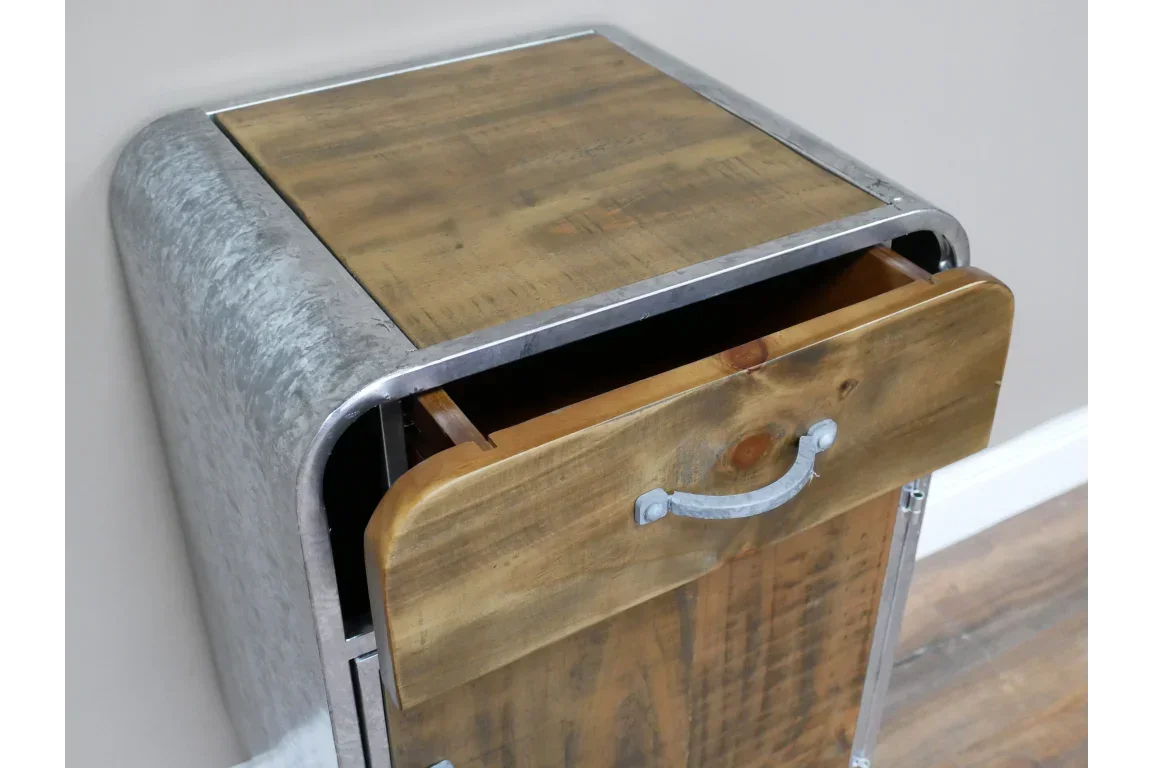 Industrial style wooden bedside cabinet with metal frame and open drawer