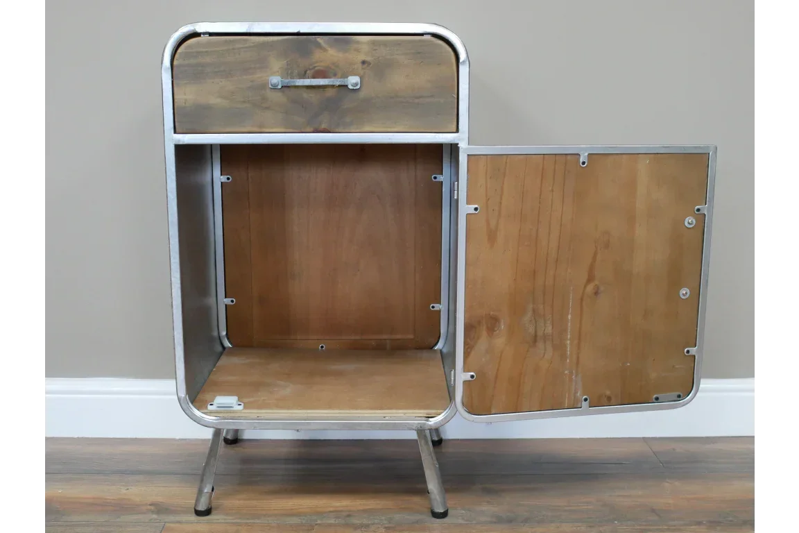 Industrial bedside table with metal frame, wood drawer, and open cupboard door