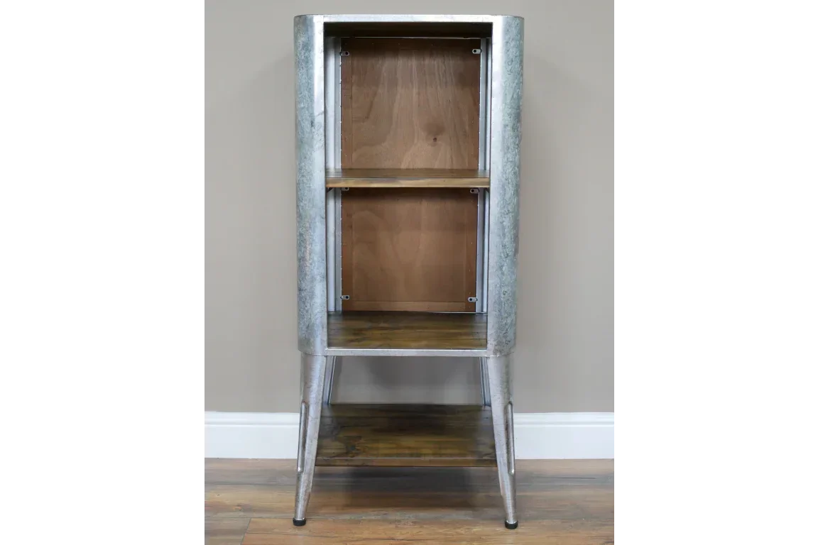 Industrial metal and wood shelving unit with open shelves and tapered legs