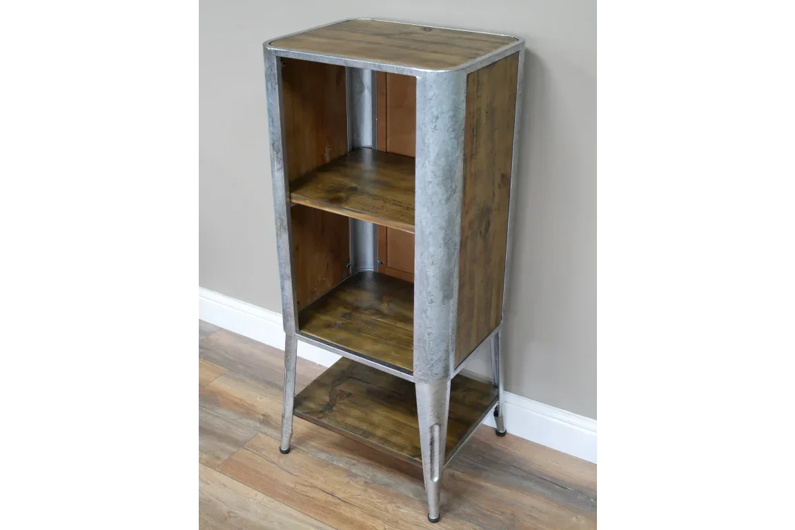 Industrial metal and wood shelving unit with two open shelves and lower storage shelf