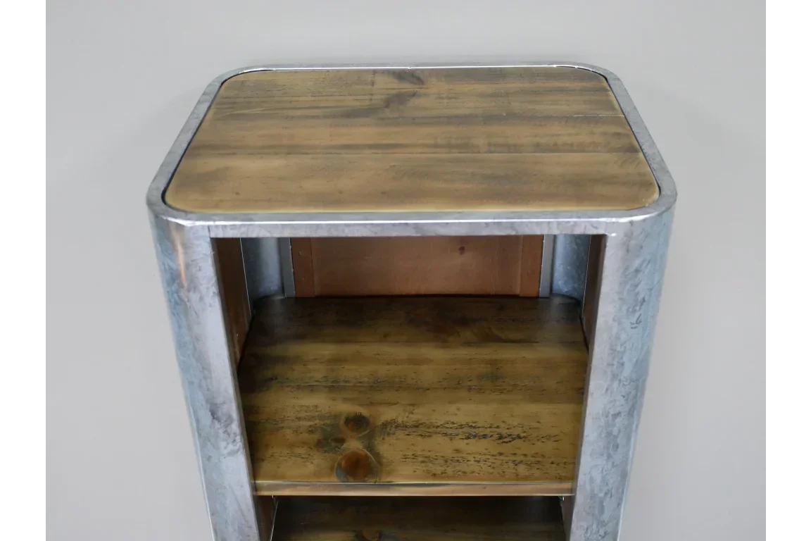 Industrial style wooden shelving unit with metal frame, close-up of top and shelves