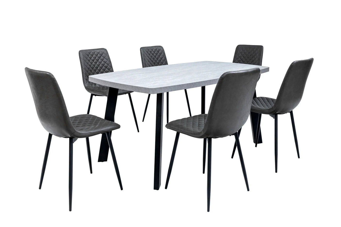 Modern dining table set with grey upholstered chairs and rectangular stone-effect table top