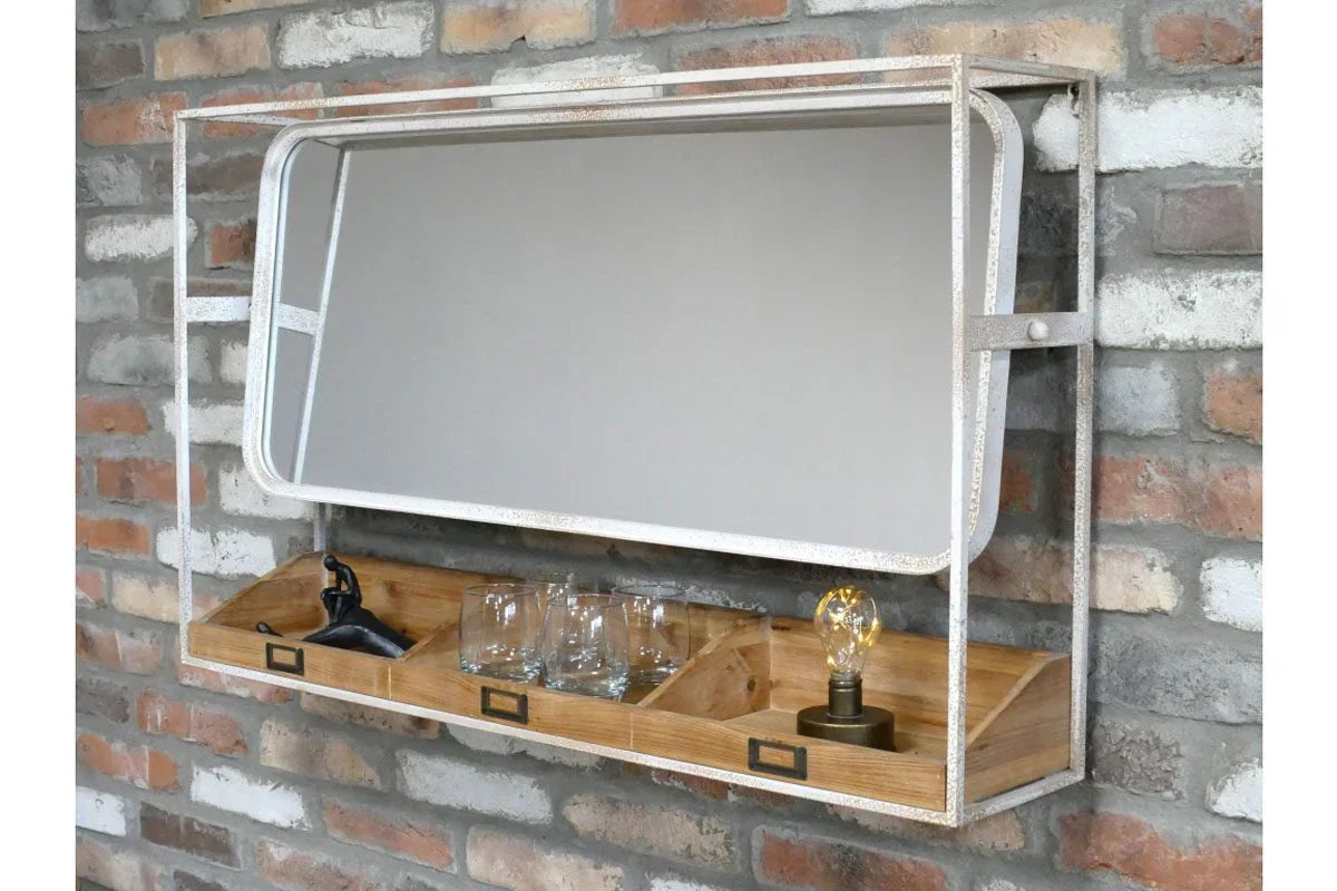 Industrial wall mirror with wooden shelf, glass storage and decorative light bulb