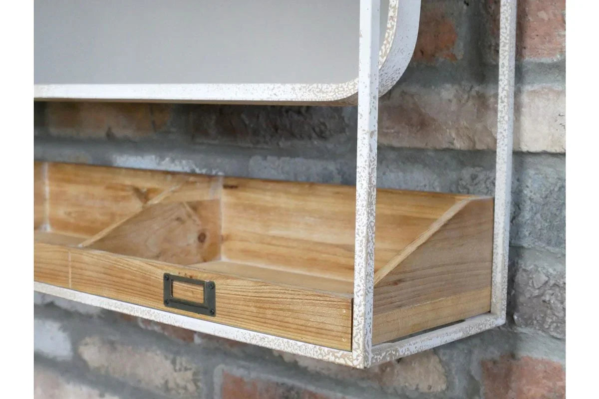 Wall shelf with white metal frame and wooden compartments against brick wall