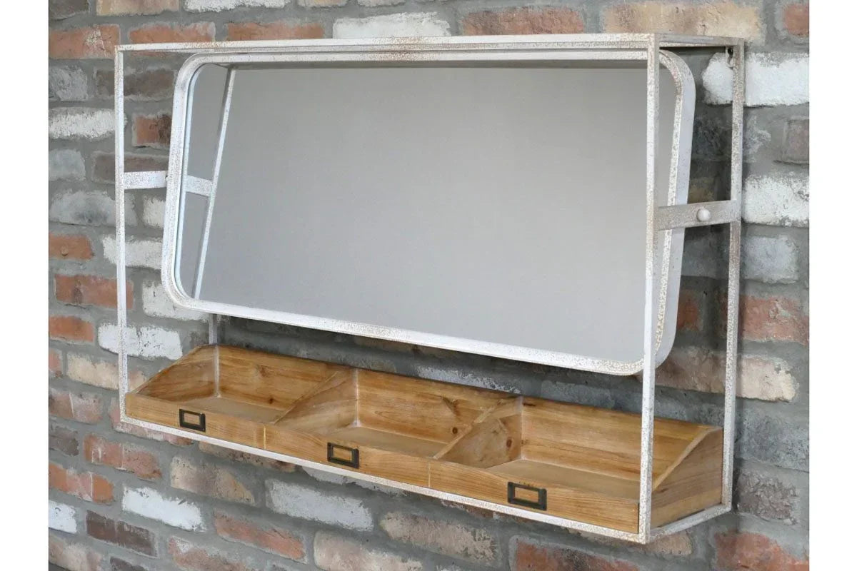 Wall mounted mirror with metal frame and three wooden storage compartments