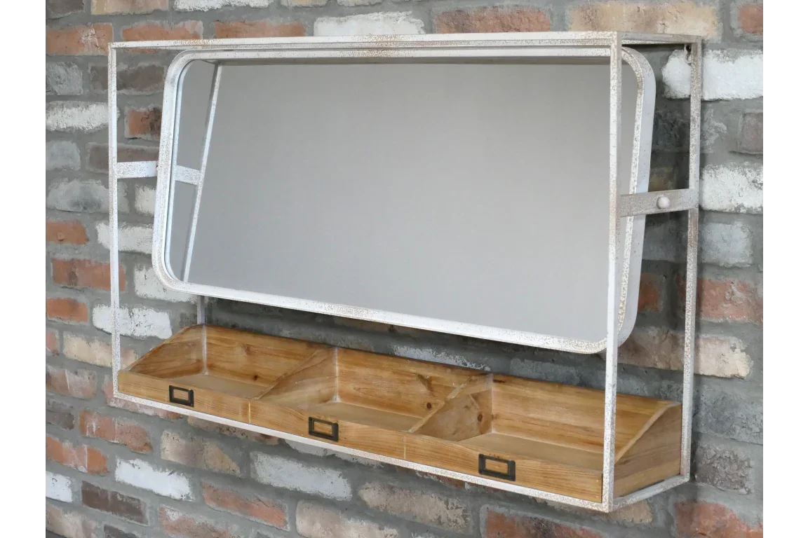 Industrial wall mirror with metal frame and three wooden storage compartments