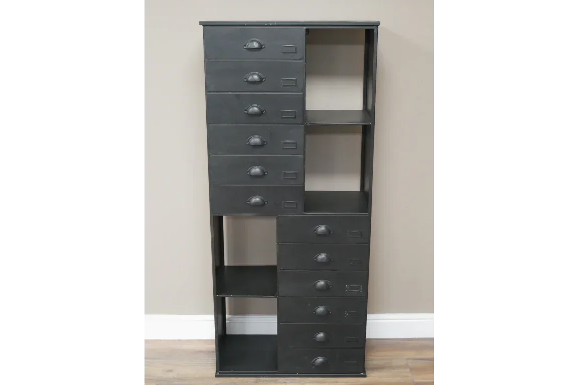Black metal storage cabinet with ten drawers and open shelving, placed against a beige wall