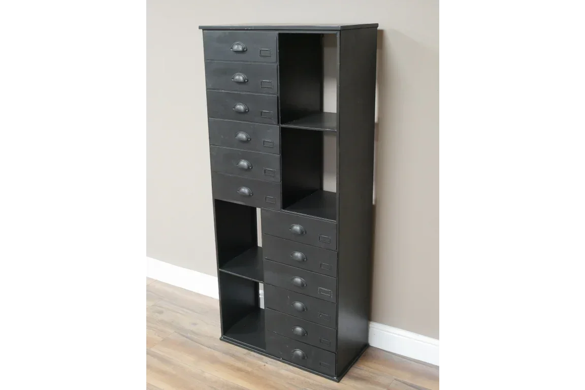 Black tall storage cabinet with eight drawers and open shelving units against wall