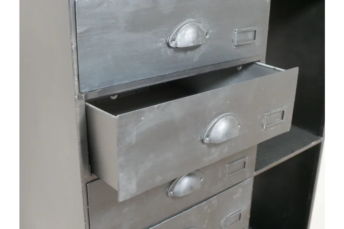 Industrial metal storage cabinet with drawers and cup handles close-up