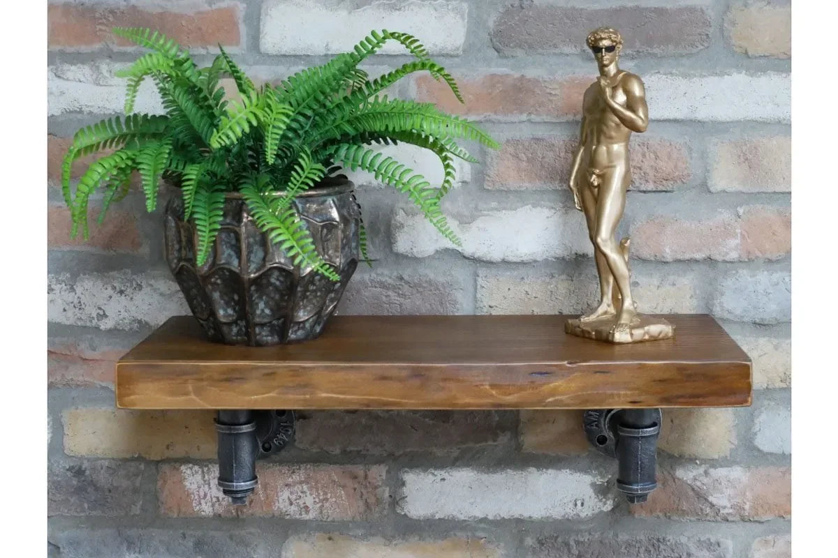 Rustic wooden wall shelf with black metal brackets, potted fern and gold statue decor