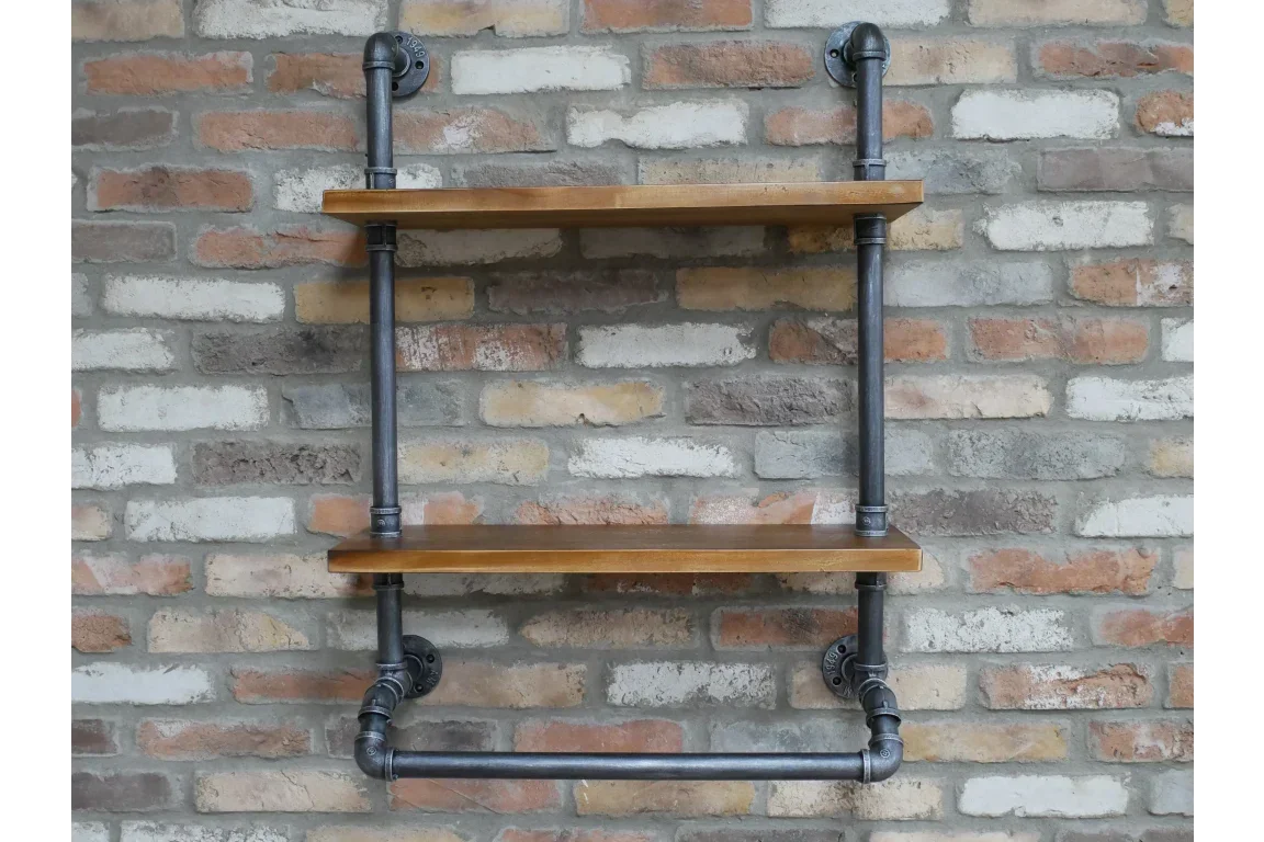 industrial pipe wall shelf with two wooden shelves and towel rail on exposed brick wall