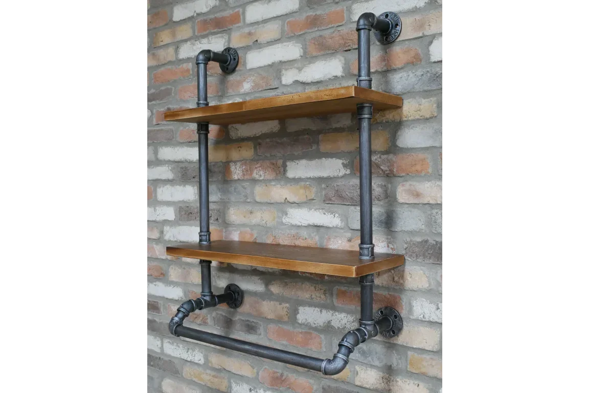 Industrial wall shelf with two wooden shelves and black metal pipe frame on brick wall