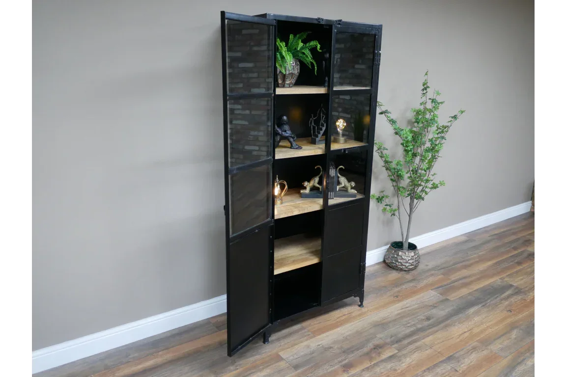 Black metal display cabinet with glass doors and wooden shelves in living room