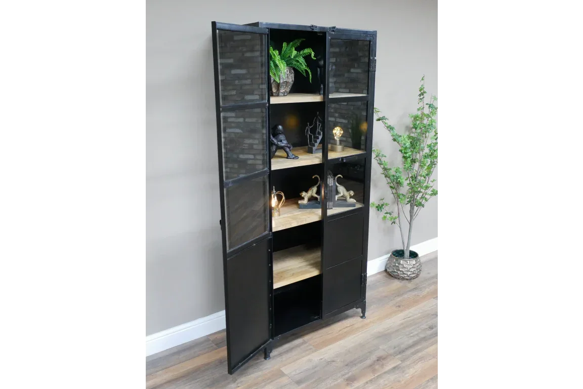 Black metal display cabinet with glass doors and wooden shelves, decorated with ornaments